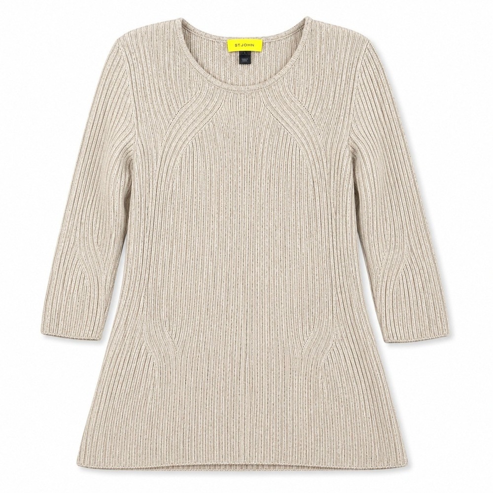St John Sweater Women L Beige Gold Metallic Wool Cashmere Angora Ribbed Tunic